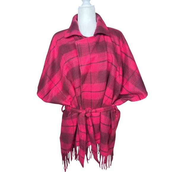 Isaac Mizrahi Women’s Red Plaid Poncho Cape Jacket O/S Belted Fringe Cozy Fall - Picture 2 of 11